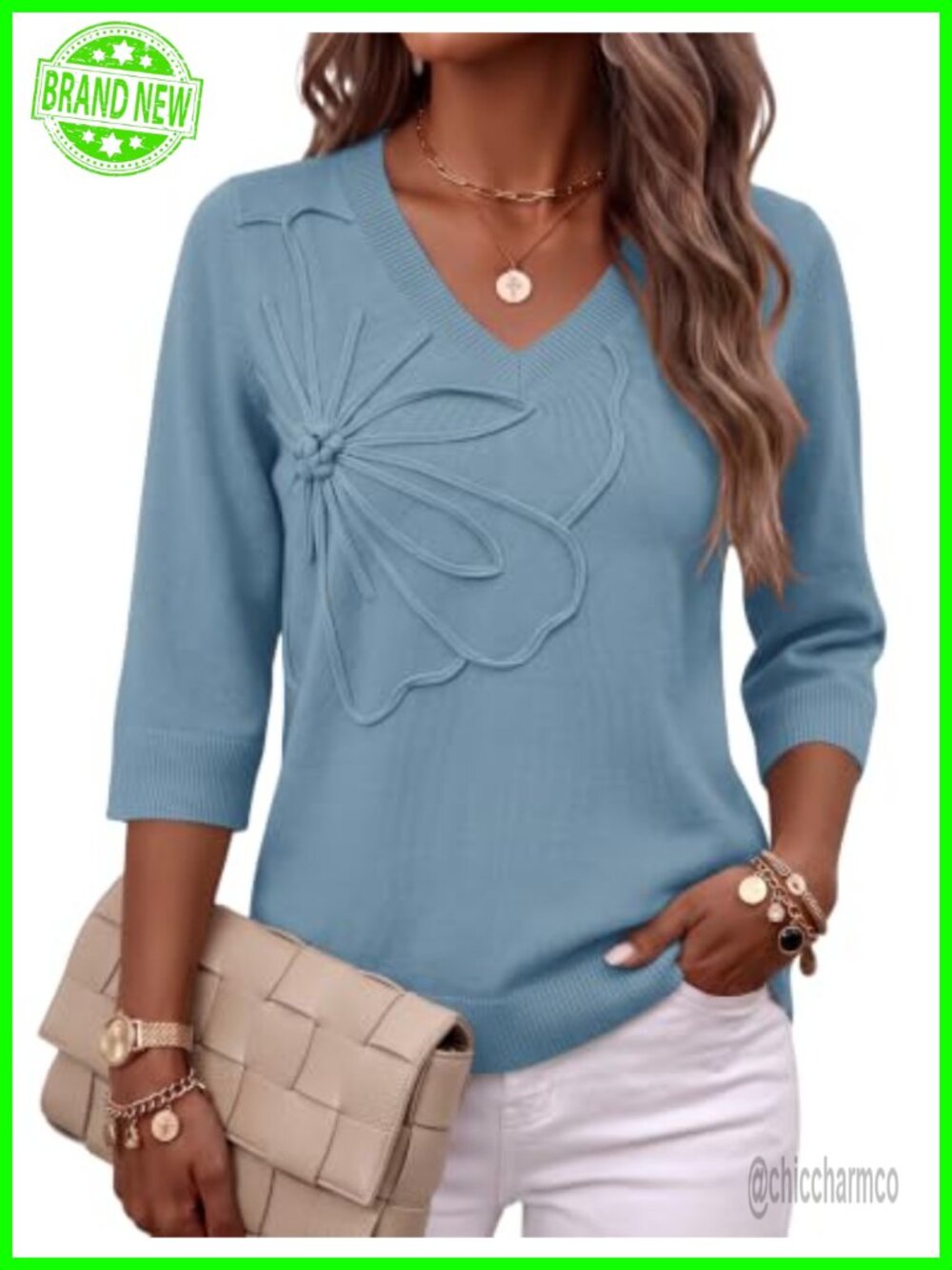 Women's V-Neck Sweater 3/4 Sleeve Pullover Knit Top